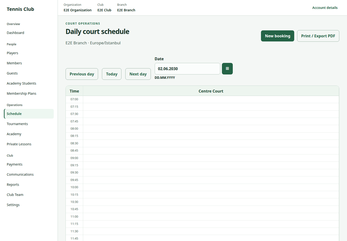 Tennis Club staff daily court schedule with a date selector, Centre Court time slots and a New booking action.